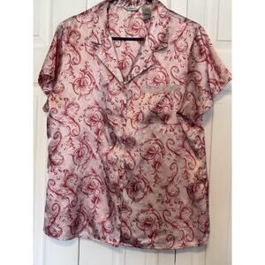 Adonna Womens Pink Pajama Set Top Short Sleeve Long Pants Satin Large Coquette